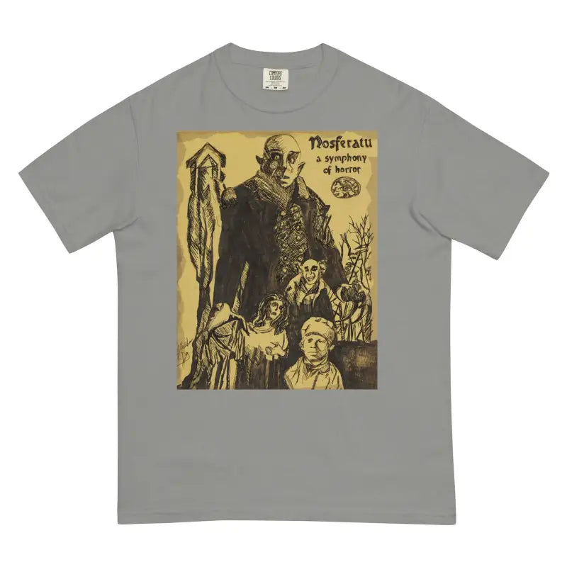 Grey Nosferatu horror t-shirt featuring vintage movie poster artwork for classic horror fans