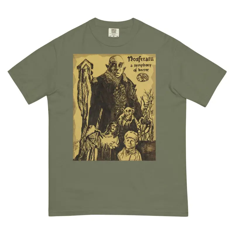 Olive green Nosferatu horror t-shirt with vintage classic horror movie artwork print