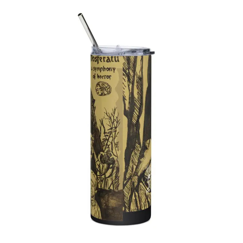 Nosferatu-themed stainless steel tumbler featuring gothic artwork and a metal straw