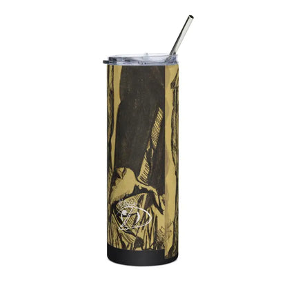 Tall black and gold metallic Nosferatu Stainless Steel Tumbler with palm tree artwork