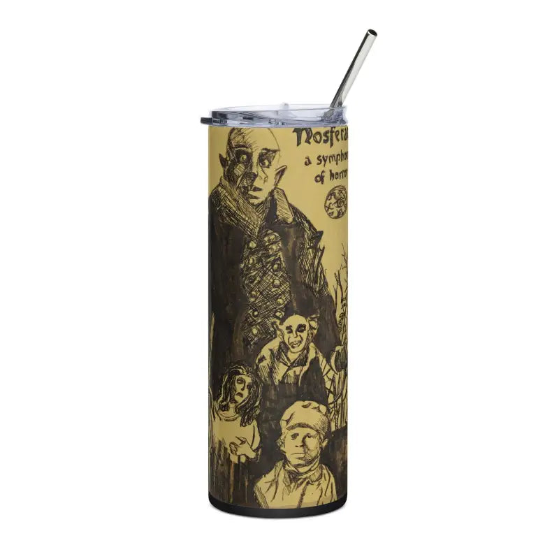 Tall stainless steel tumbler featuring vintage horror character artwork