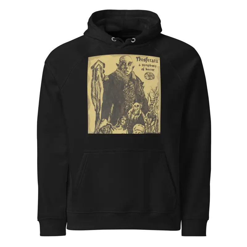 Black unisex eco hoodie featuring vintage-style gothic artwork print on the front