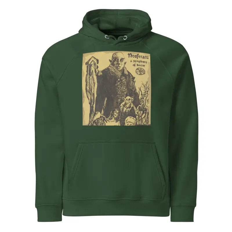 Forest green unisex eco hoodie showcasing vintage horror movie poster graphic