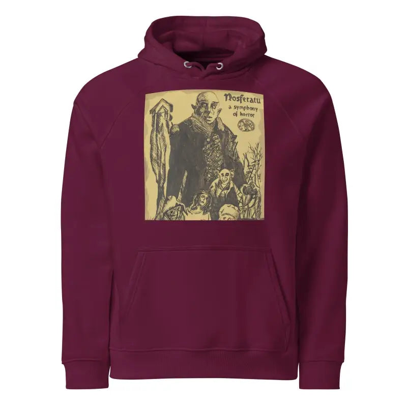 Burgundy unisex eco hoodie featuring vintage gothic artwork print for stylish elegance