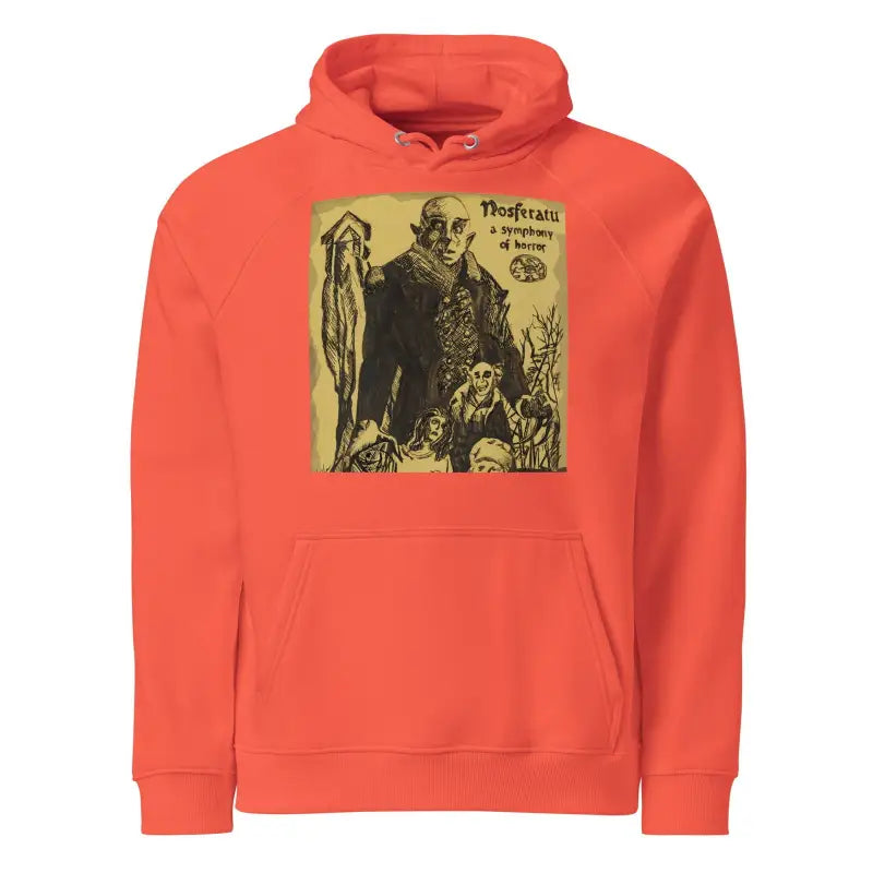 Orange Nosferatu Unisex Eco Hoodie with vintage horror graphic, promoting eco-consciousness