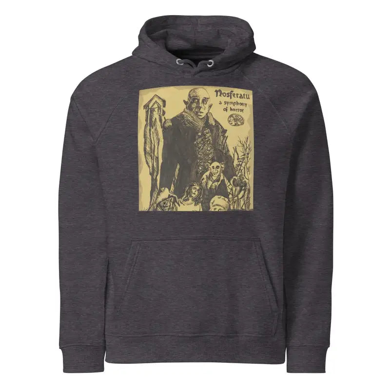 Dark gray unisex eco hoodie featuring vintage horror movie poster graphic on front