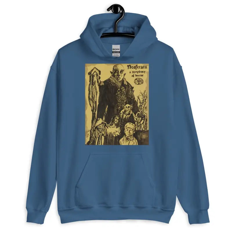 Blue Nosferatu unisex hoodie featuring vintage horror movie graphic ideal for Halloween designs