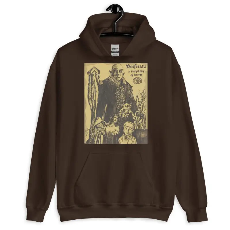 Brown hooded sweatshirt with vintage gothic horror print from the Nosferatu Unisex Hoodie collection