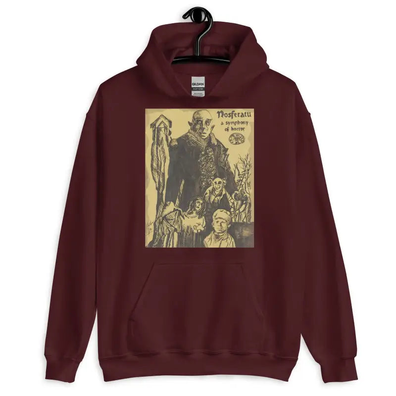 Maroon Nosferatu Unisex Hoodie featuring Matthew Dye art in a vintage gothic style