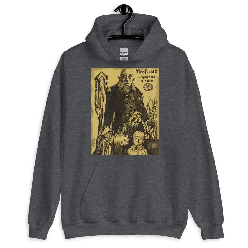 Dark gray Nosferatu unisex hoodie with vintage horror movie artwork for Halloween designs