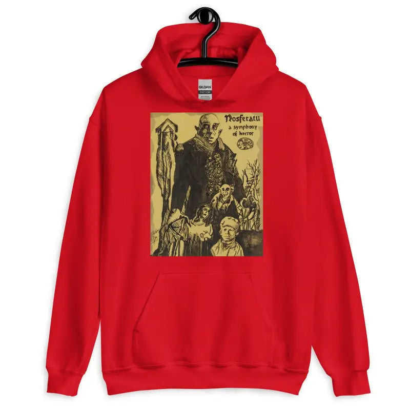 Red Nosferatu Unisex Hoodie showcasing vintage gothic illustration, perfect for Halloween designs