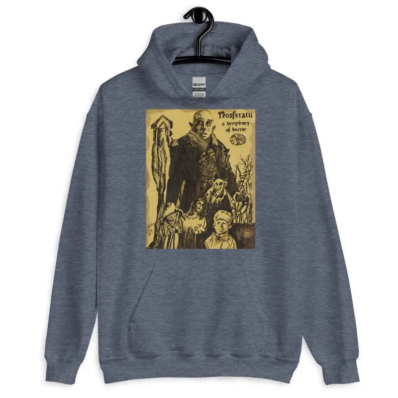 Grey hooded sweatshirt featuring vintage horror movie poster design for Halloween designs