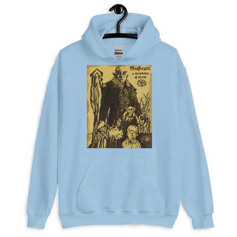 Light blue Nosferatu unisex hoodie featuring Matthew Dye art in cute Halloween collection