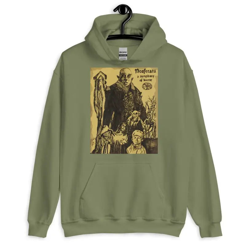 Olive green Nosferatu Unisex Hoodie showcasing vintage horror movie artwork for Halloween designs