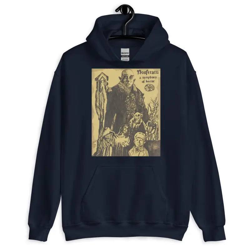 Navy blue unisex hoodie showcasing vintage gothic artwork, perfect for Halloween designs