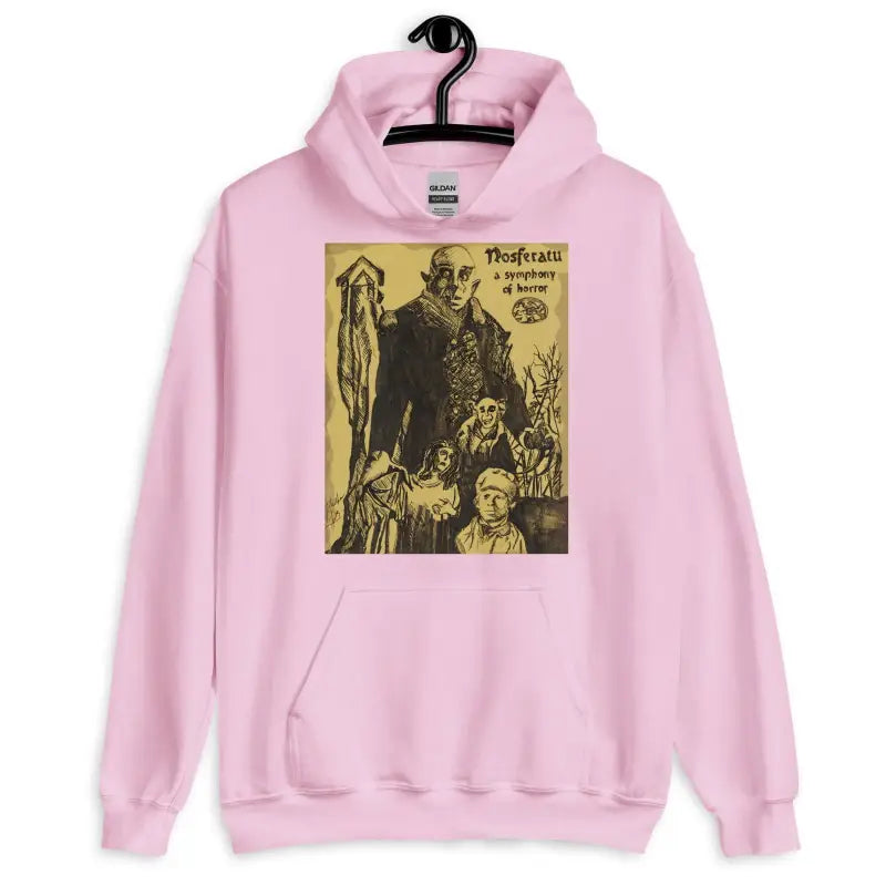 Pink Nosferatu Unisex Hoodie showcasing vintage horror movie poster graphic for Halloween designs