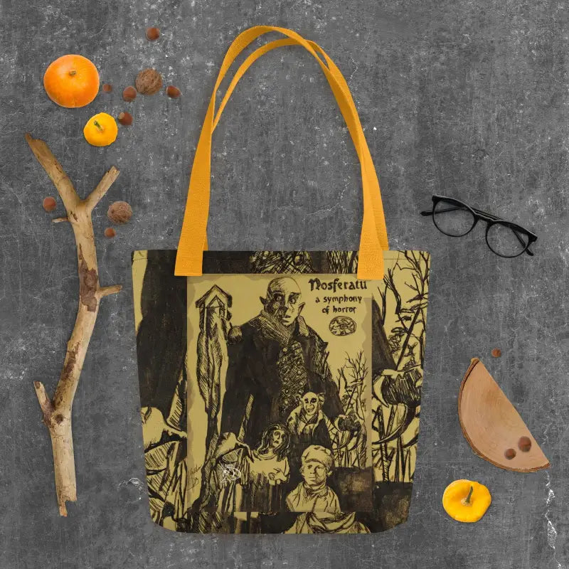 Tote bag with yellow straps showcasing a Nosferatu vintage horror movie poster design