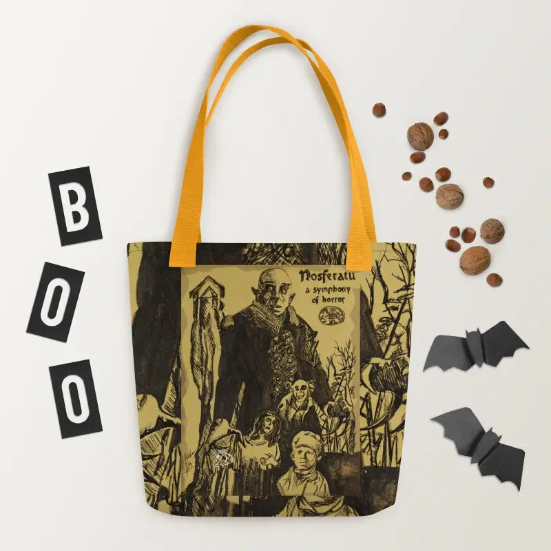 Tote bag featuring classic Nosferatu artwork in sepia tones with yellow handles