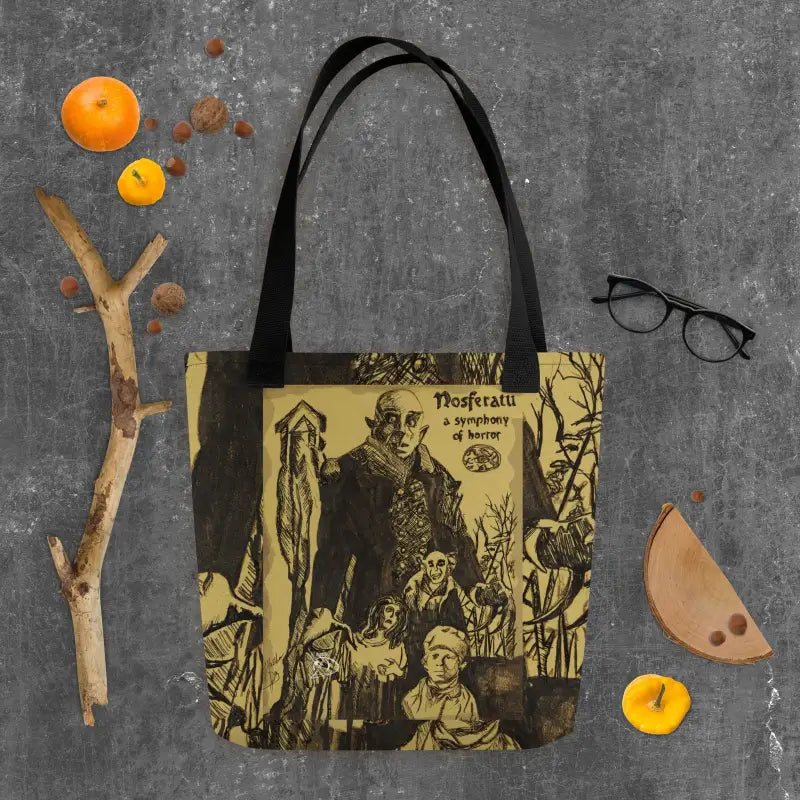 Tote bag showcasing vintage Nosferatu gothic horror artwork in yellow and black tones