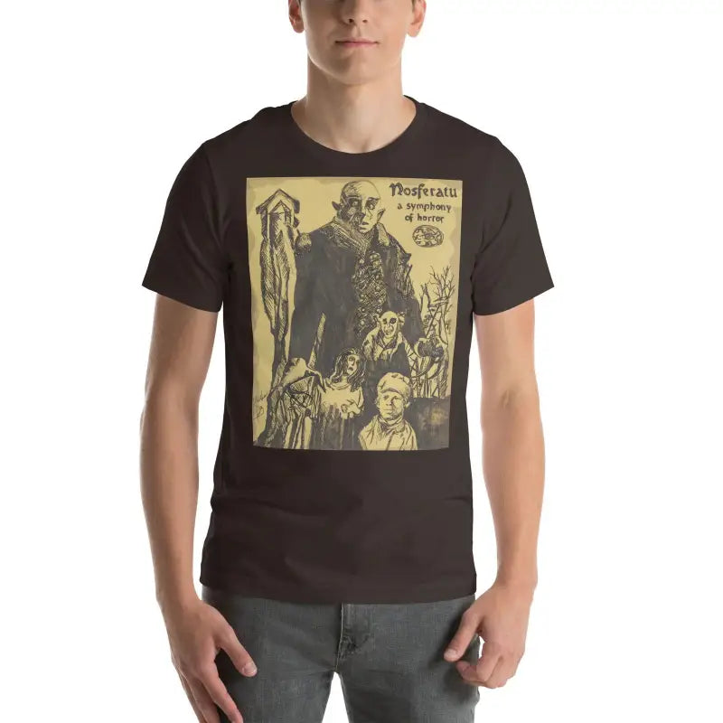 Black unisex Halloween t-shirt featuring vintage horror movie artwork in yellow and dark tones