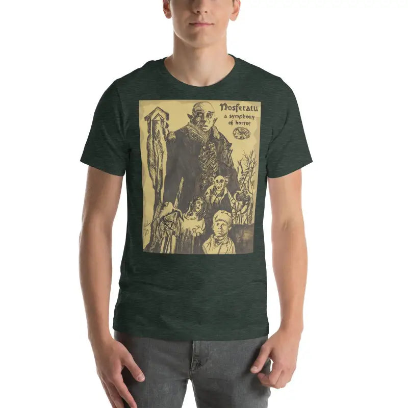 Dark green unisex Halloween t-shirt with vintage horror movie artwork in sepia tones