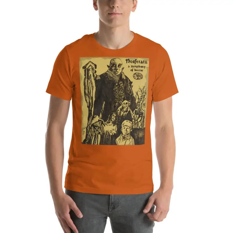 Orange Halloween t-shirt with vintage Nosferatu artwork for unisex style lovers