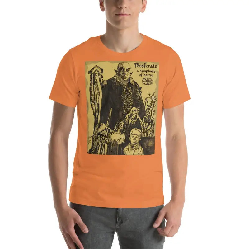 Orange unisex Halloween t-shirt featuring vintage Nosferatu vampire movie artwork