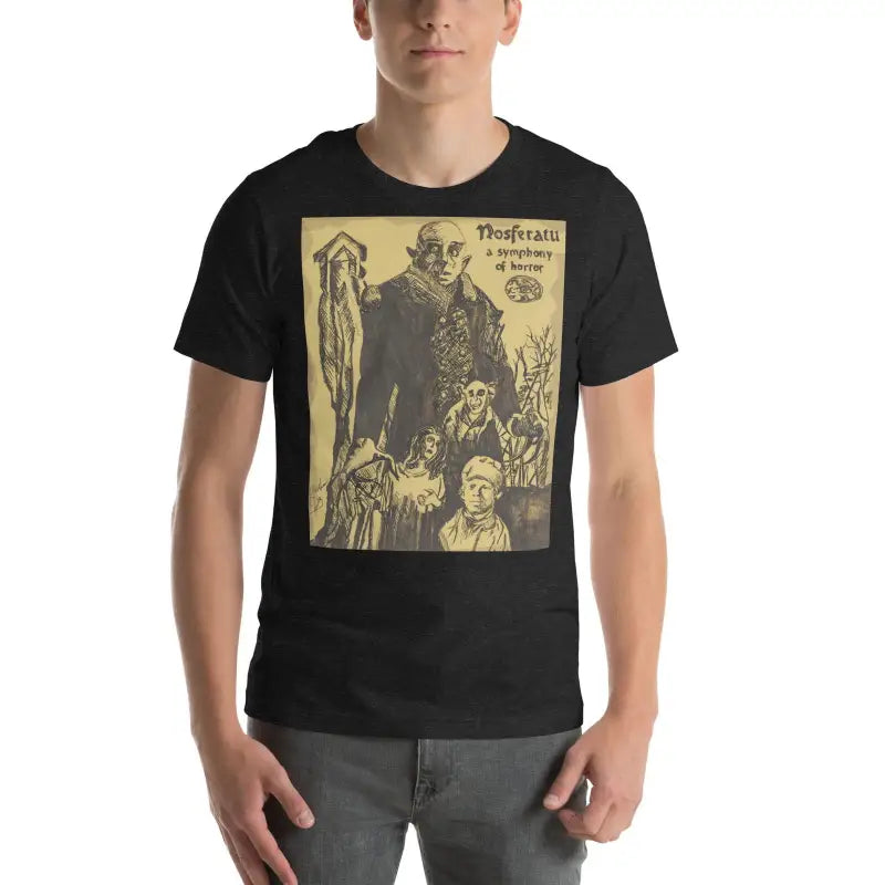 Black unisex Halloween t-shirt featuring vintage Nosferatu movie poster artwork