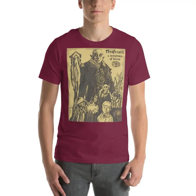 Burgundy unisex Halloween t-shirt with vintage horror movie artwork in sepia tones