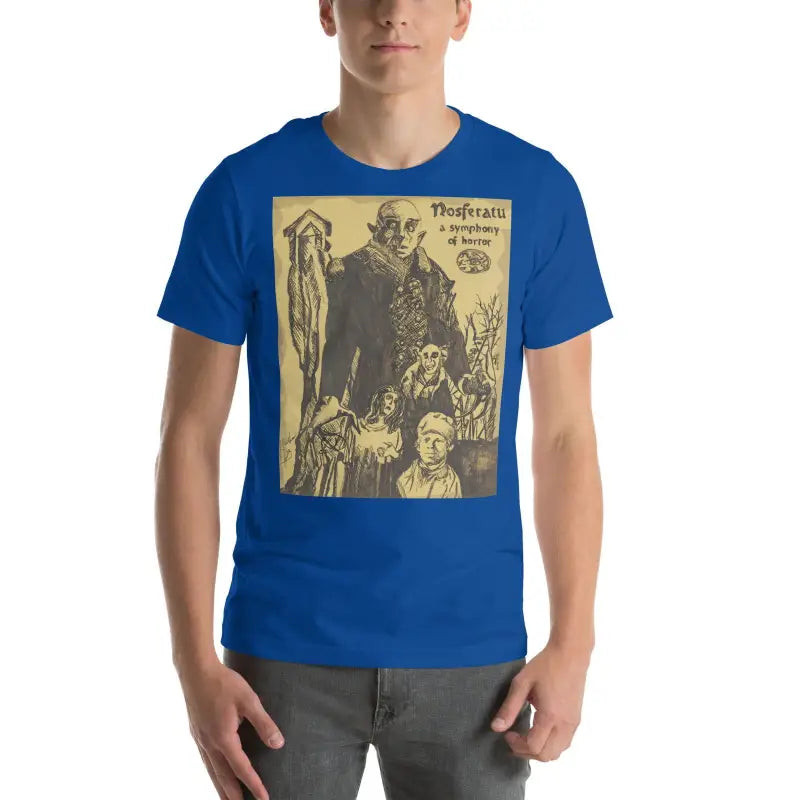 Royal blue unisex Halloween t-shirt with vintage horror movie artwork in sepia tones