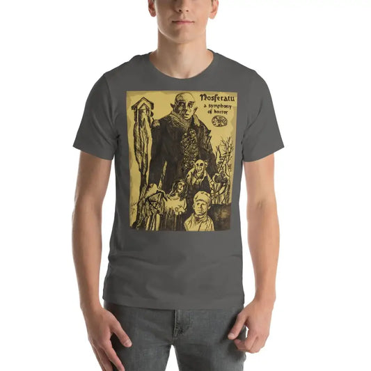 Dark gray unisex Halloween t-shirt with vintage Nosferatu artwork in yellow and black