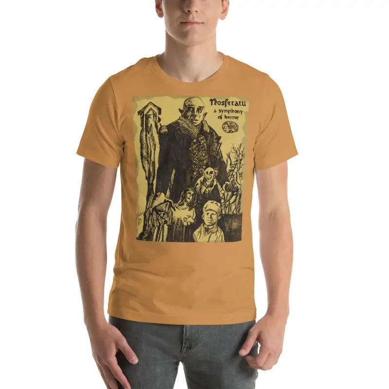 Mustard-colored unisex Halloween t-shirt featuring vintage Nosferatu horror movie artwork