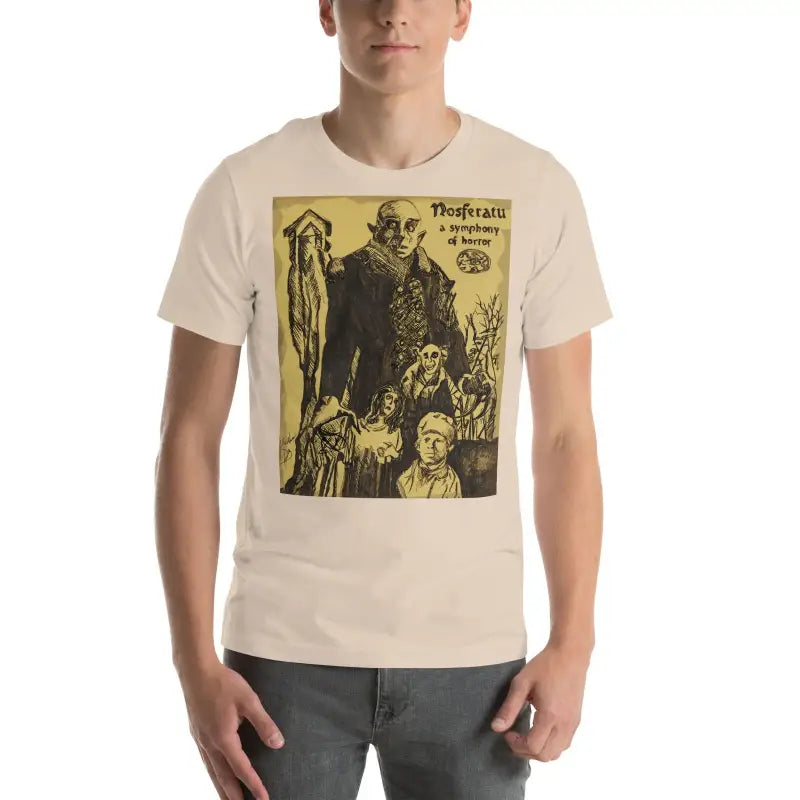 Cream-colored unisex Halloween t-shirt featuring vintage Nosferatu movie poster design