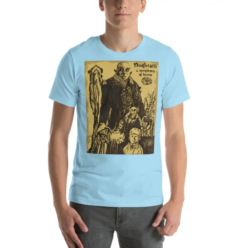 Light blue unisex Halloween t-shirt featuring vintage Nosferatu movie poster artwork