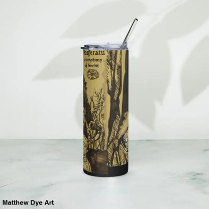 Horror-themed Nosferatu stainless steel tumbler featuring gothic artwork and straw