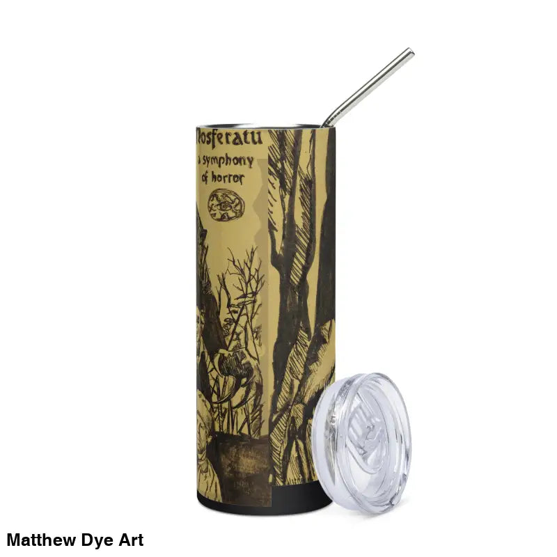 Nosferatu-themed stainless steel tumbler with straw and lid for Gothic Horror enthusiasts