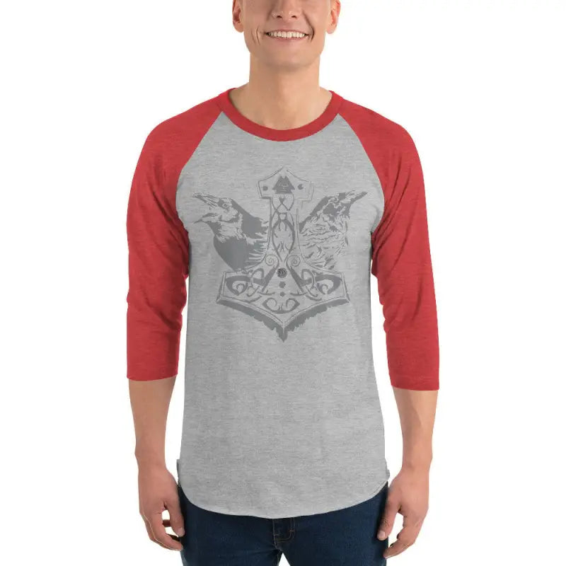 Oath of the Raven | Unisex Mjölnir Viking Baseball Tee - Heather Grey/Heather Red / XS / Adults - Clothing