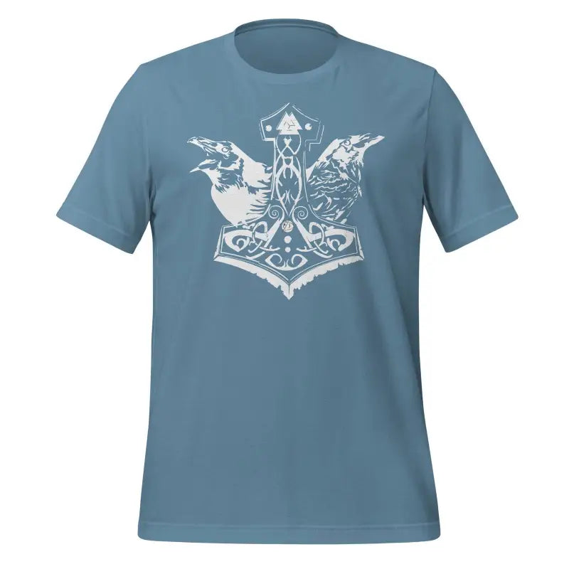 Blue Odin’s Chosen T-Shirt featuring Norse design with ravens and Mjolnir