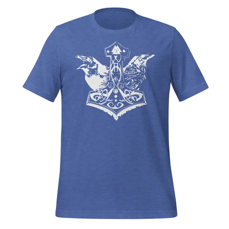 Blue Odin’s Chosen Tee featuring white Norse design with Mjolnir and ravens