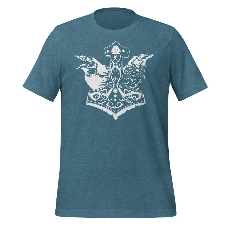 Teal Odin’s Chosen Tee featuring Norse-style Thor’s hammer and ravens design