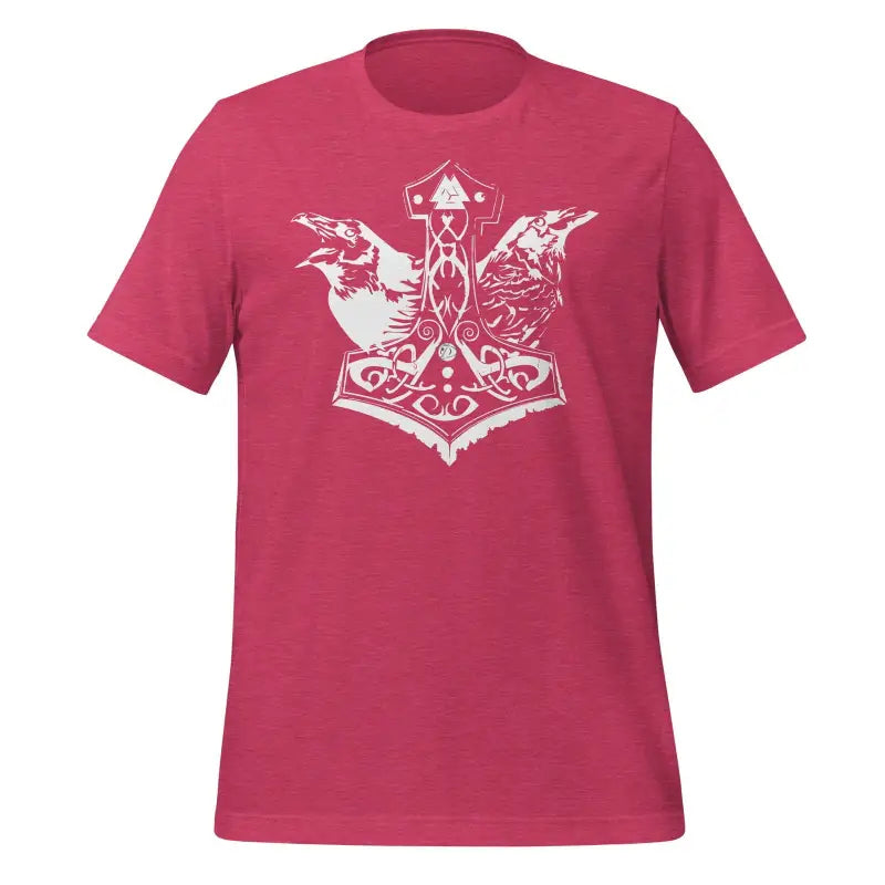 Red Odin’s Chosen Tee featuring white Norse design with ravens and Thor’s hammer