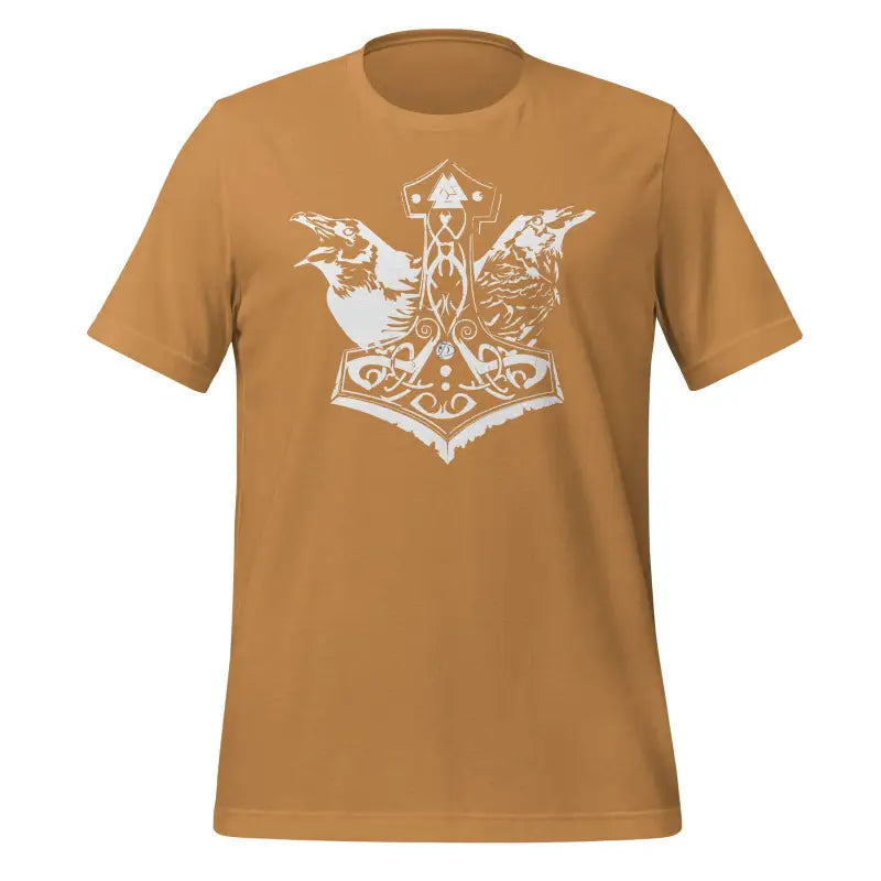 Brown Odin’s Chosen T-Shirt featuring white Norse design of Thor’s hammer and ravens