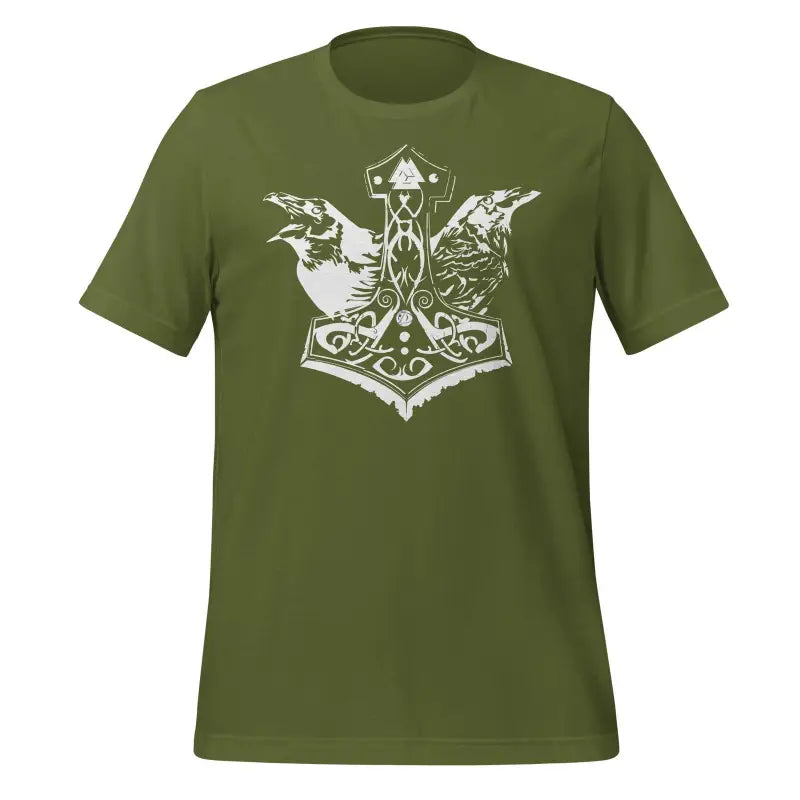 Olive green Odin’s Chosen T-Shirt featuring Norse design with Thor’s hammer and ravens