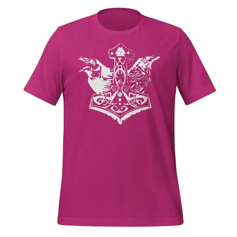 Pink Odin’s Chosen Tee in ring-spun cotton featuring Norse ravens and Thor’s hammer design