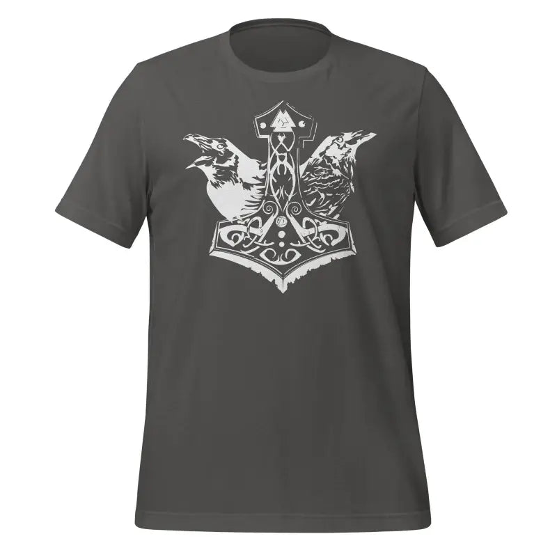 Dark gray Odin’s Chosen Tee with Norse design featuring Mjolnir and ravens in white