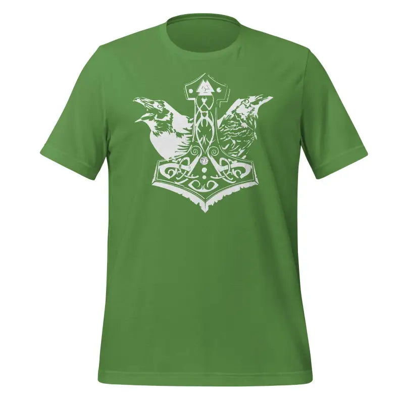 Green Odin’s Chosen T-Shirt featuring Norse design with ravens and Thor’s hammer