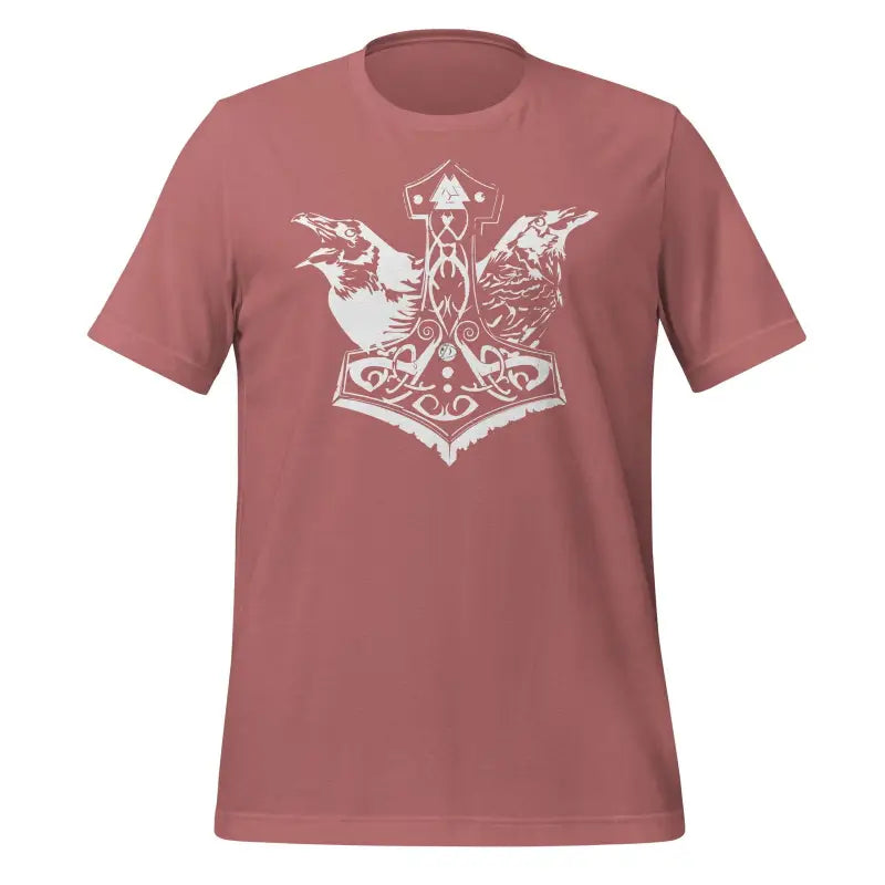 Mauve Odin’s Chosen Tee showcasing Norse design with Thor’s hammer and ravens