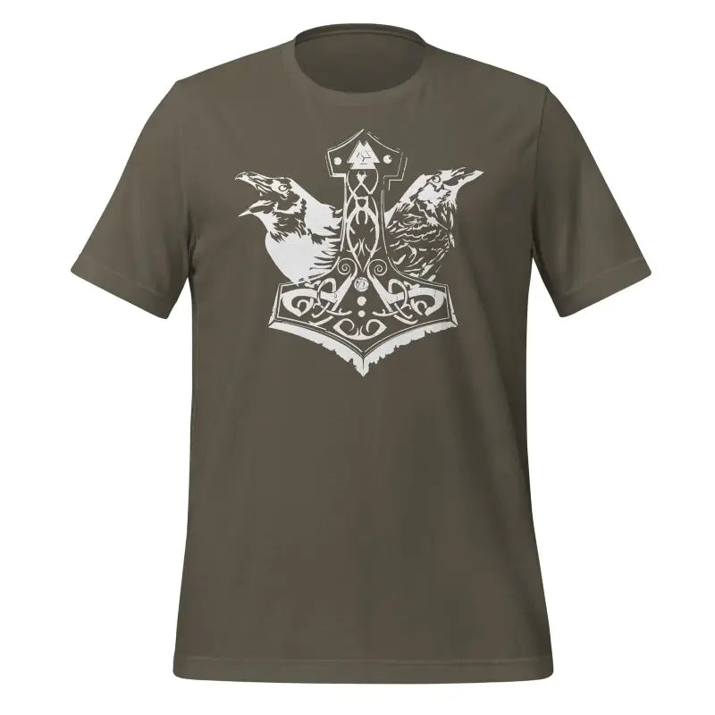 Olive green Odin’s Chosen Tee featuring Thor’s hammer and ravens in Norse style design