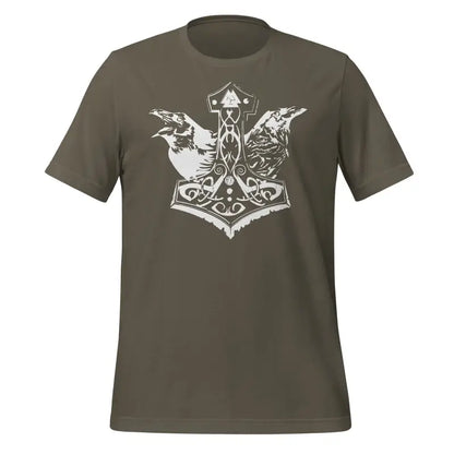 Olive green Odin’s Chosen Tee in ring-spun cotton featuring Norse ravens and Thor’s hammer