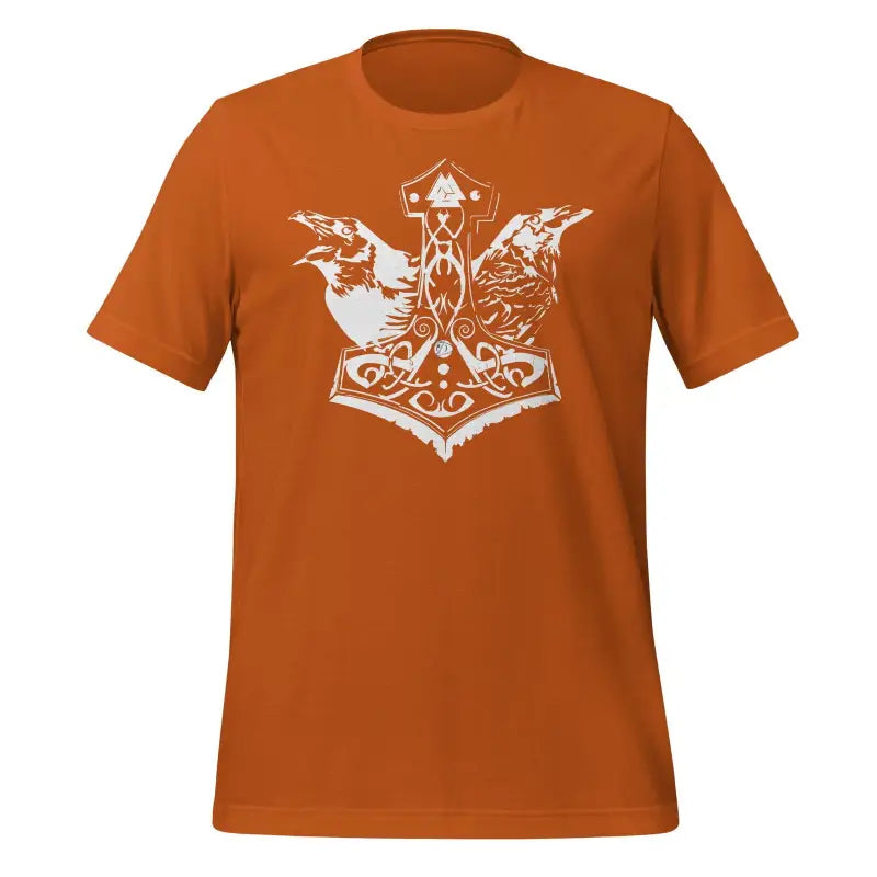 Orange Odin’s Chosen Tee in ring-spun cotton with Norse design of Thor’s hammer and ravens